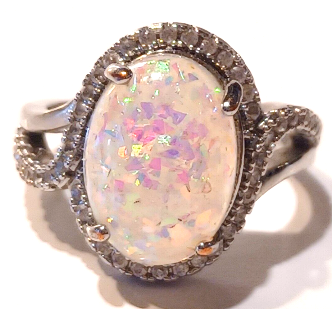 Gorgeous Crushed Opal & CZ Sterling Silver Halo Ring image 1