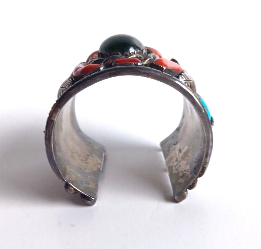 Lg Native American Green Amber Turq & Coral Sterling Cuff Bracelet Wilford Chee image 11