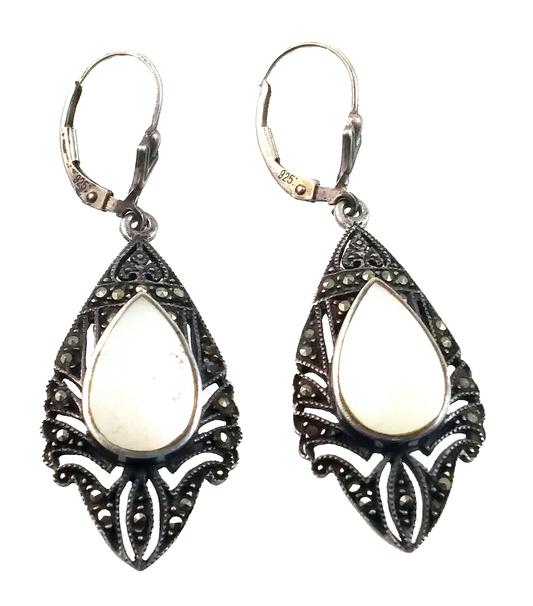 Vintage Antique Sterling Silver Marcasite & Mother of Pearl Dangle Drop Earrings image 0