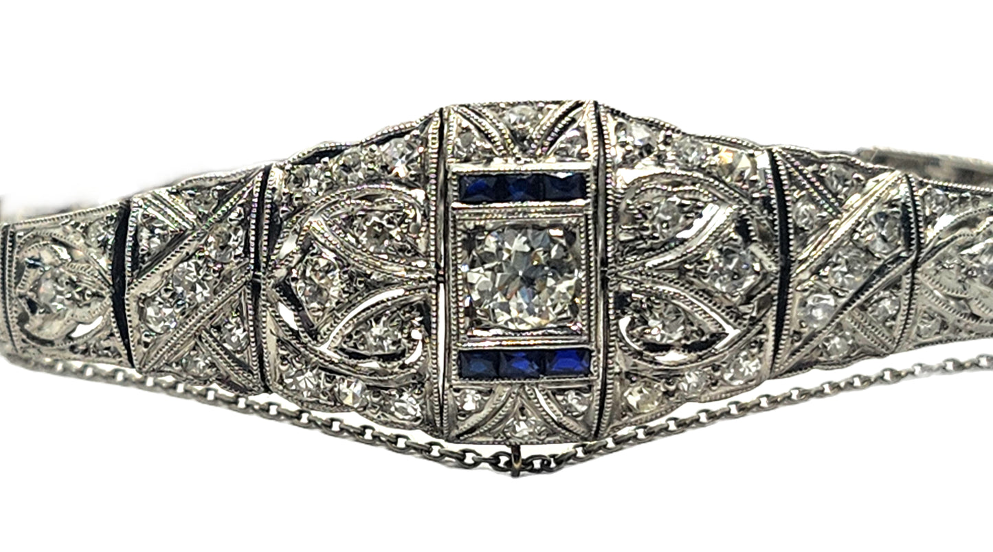 Antique Art Deco Filigree Platinum 3ct Diamond & Sapphire Bracelet image 2