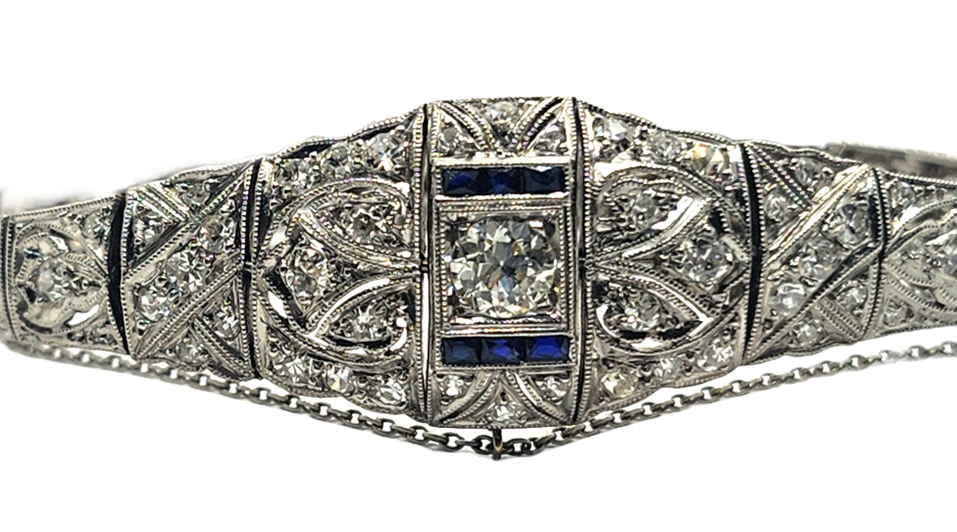 Antique Art Deco Filigree Platinum 3ct Diamond & Sapphire Bracelet image 2