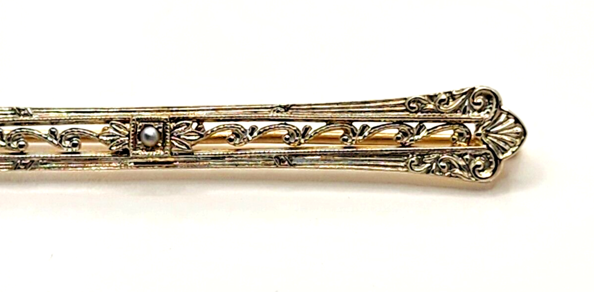 Antique Victorian Gray Seed Pearl & 10k White & Yellow Gold Bar Pin image 2