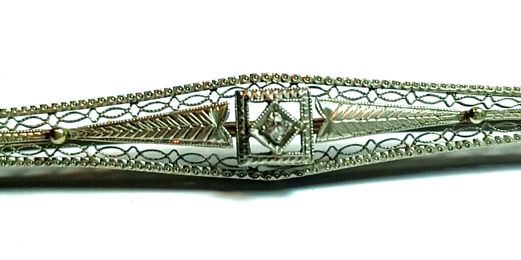Antique Victorian .10ct Diamond Filigree Two Tone 14K Gold Bar Pin image 4