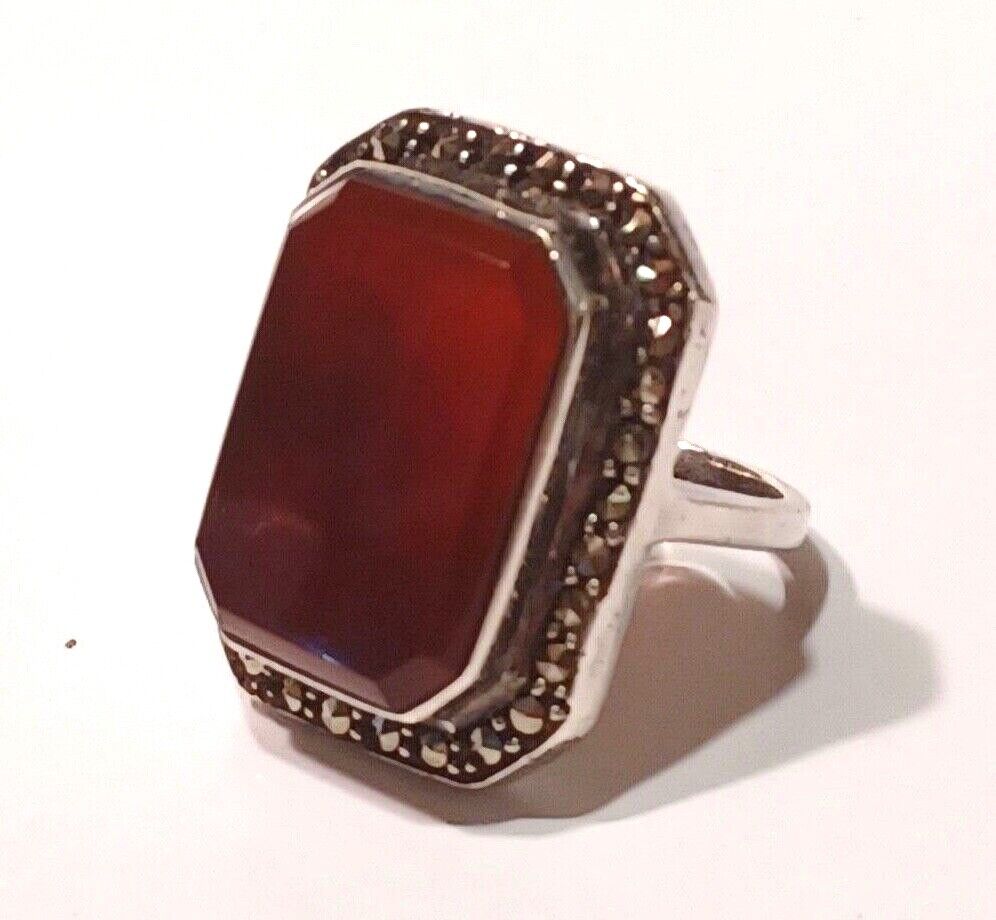 Antique Vintage Carnelian & Marcasite Sterling Silver Ring image 1
