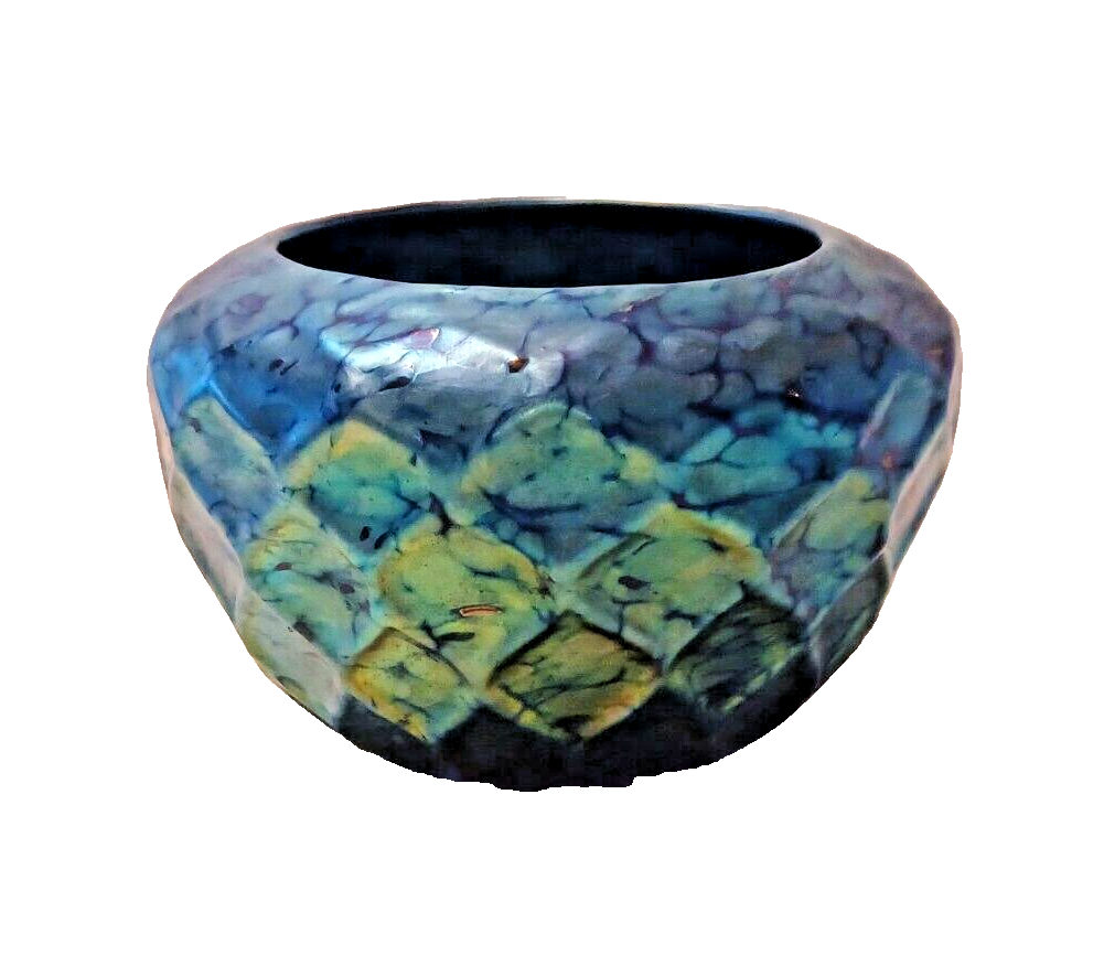 LUNDBERG Studios Art Glass Blue Iridescent Indian Basket Bowl 4 1/2" image 4