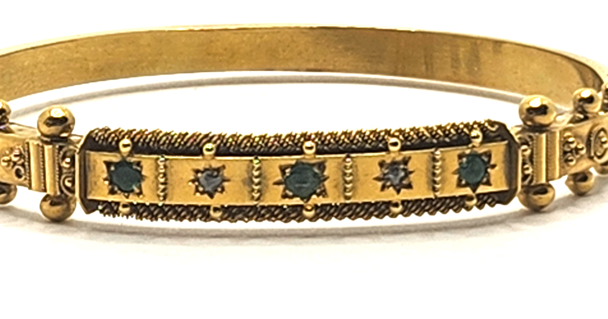 Antique Victorian Emerald & Diamond 15k Yellow Gold Bangle Bracelet image 3