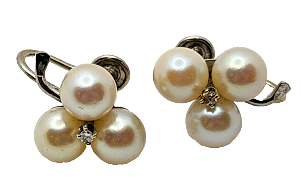 14K Triple White Cultured Pearl Three Leaf Clover & Diamond Screw Back Earrings image 3
