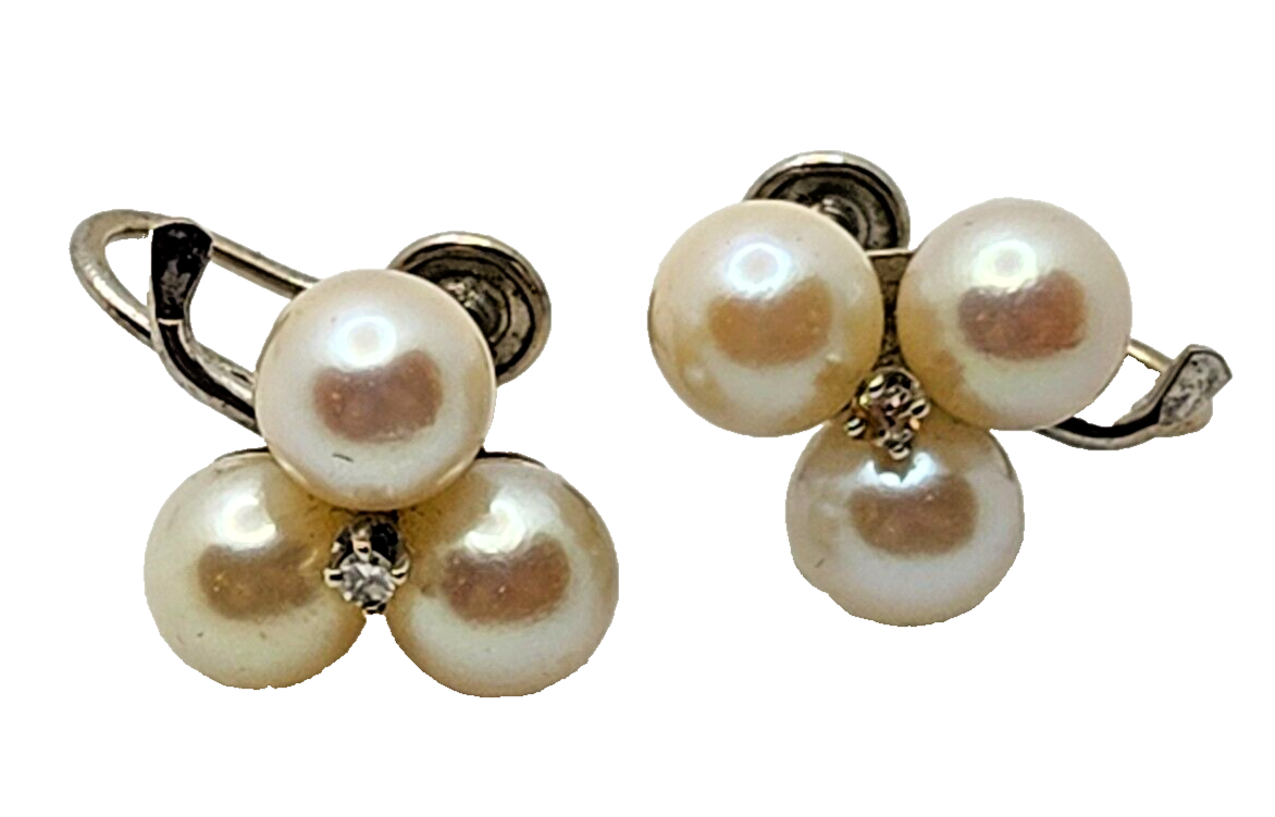 14K Triple White Cultured Pearl Three Leaf Clover & Diamond Screw Back Earrings image 3