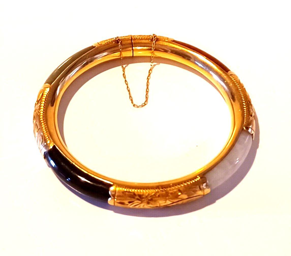 Antique 14K Yellow Gold Red, Green, White & Black Jade Bangle Bracelet image 2