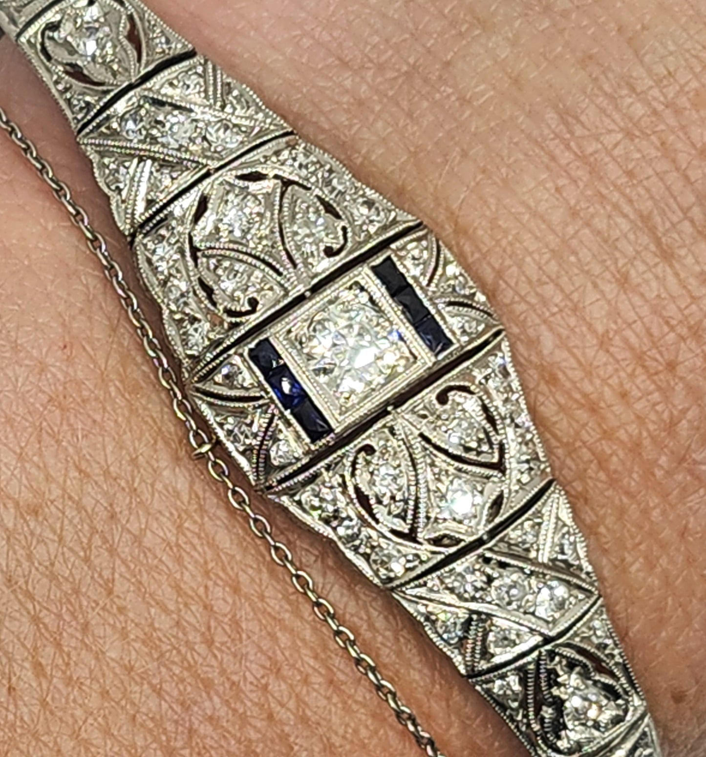 Antique Art Deco Filigree Platinum 3ct Diamond & Sapphire Bracelet image 6