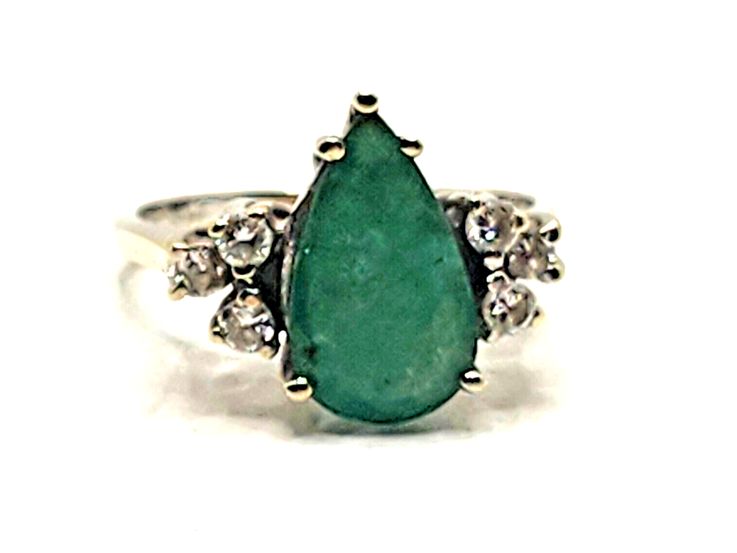 Large Pear Shaped Emerald & Diamond 18k White Gold Ring image 3