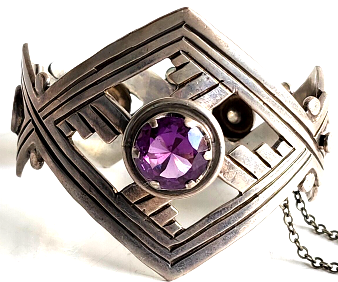 Vintage Taxco Mexico Sterling & Amethyst Chunky Hinged Bangle Bracelet Signed image 2