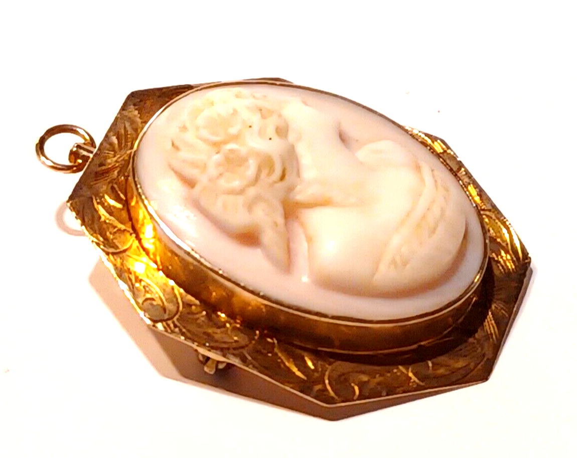 Gorgeous Antique Pin Coral Cameo & 10k Yellow Gold Scroll Pendant Pin image 7