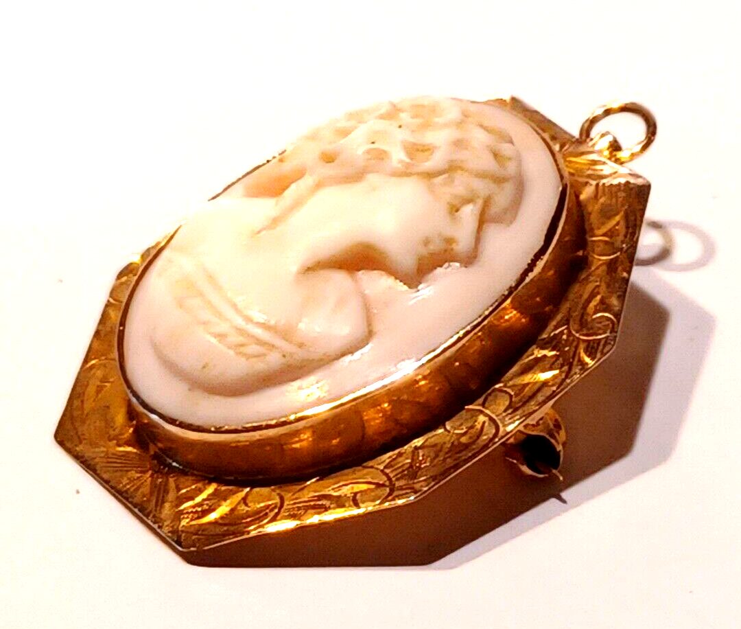 Gorgeous Antique Pin Coral Cameo & 10k Yellow Gold Scroll Pendant Pin image 5