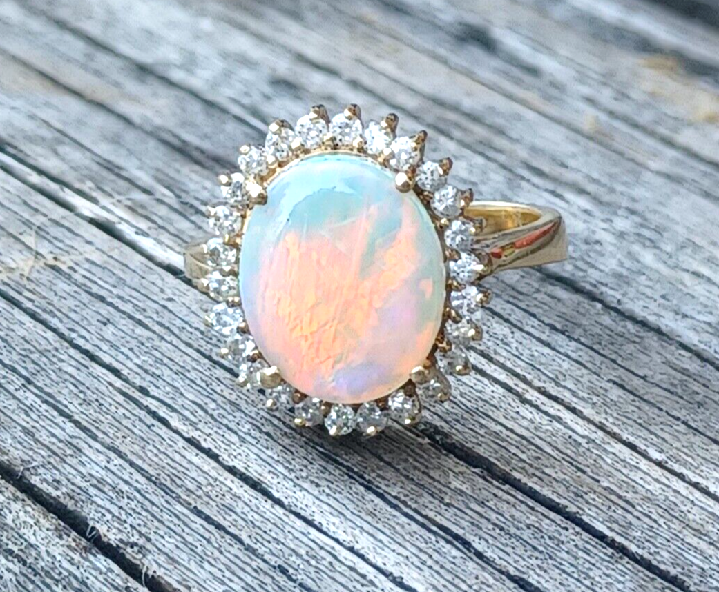 Natural Fire Opal & Diamond Halo 14K Yellow Gold Ring image 7