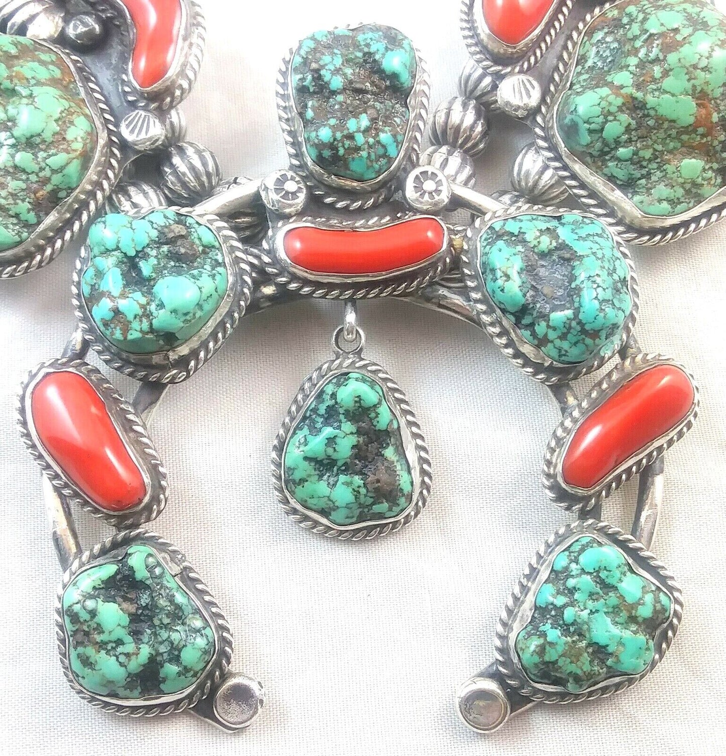 Native American Signed Squash Blossom Turquoise Coral & Sterling Silver Necklace image 7