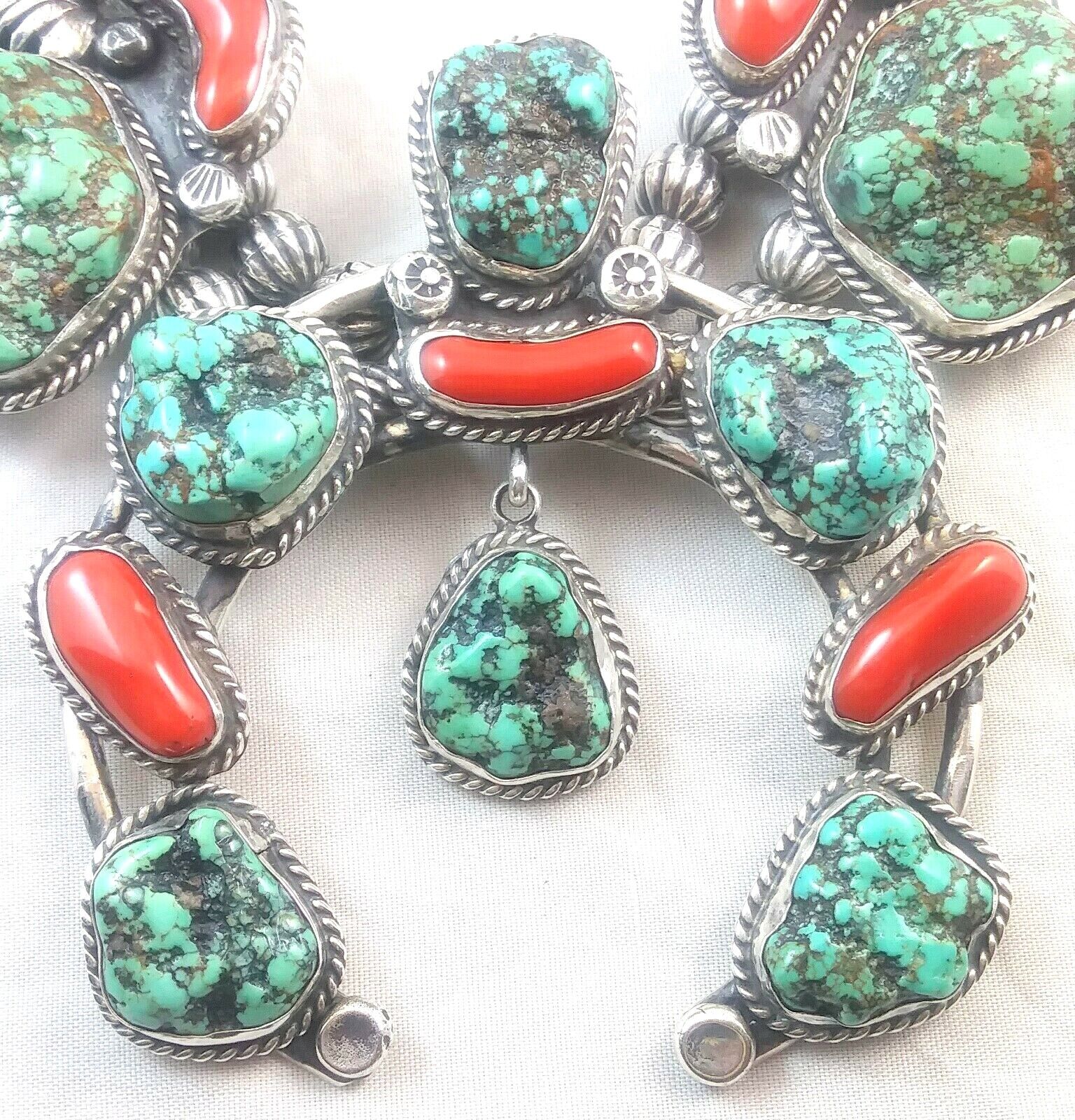 Native American Signed Squash Blossom Turquoise Coral & Sterling Silver Necklace image 7
