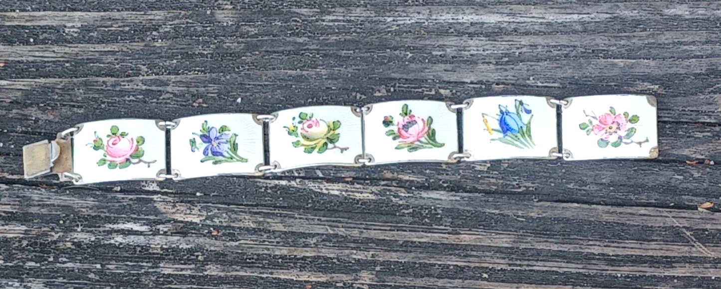 Vintage Norwegian Sterling Silver Guilloche Enamel Flower Panel Bracelet image 0