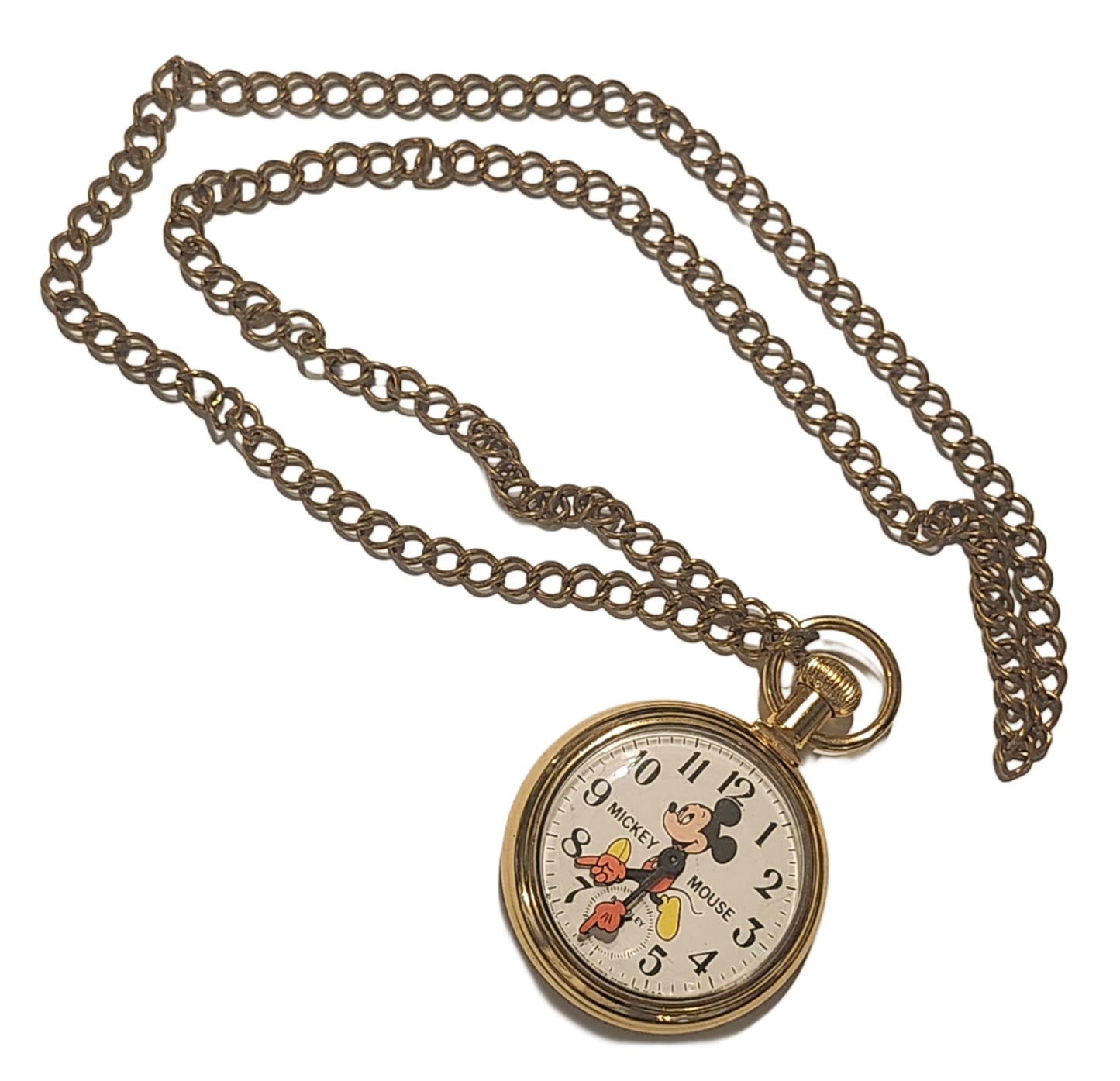 Vintage Disney Mickey Mouse Bradley Gold Tone Pocket Watch w/ Chain image 2