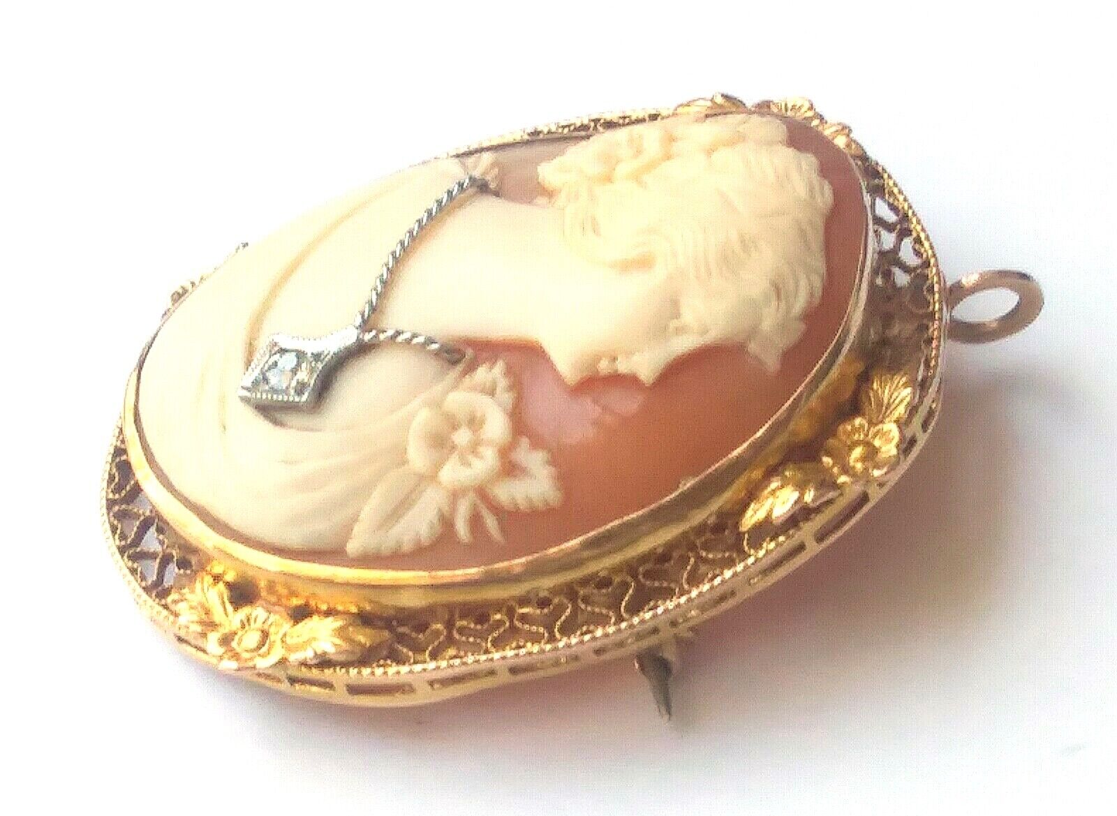 Antique Victorian Shell Cameo Diamond Necklace 10k Yellow Gold Brooch Pendant image 5