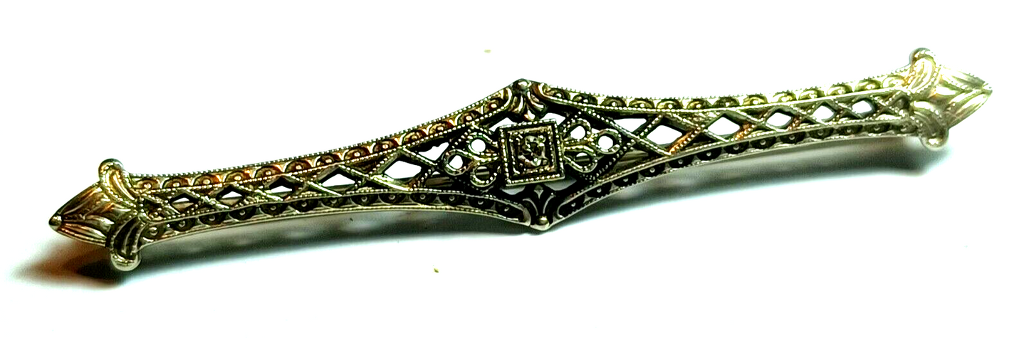 Antique Victorian Diamond Filigree 10K White Gold Bar Pin image 1