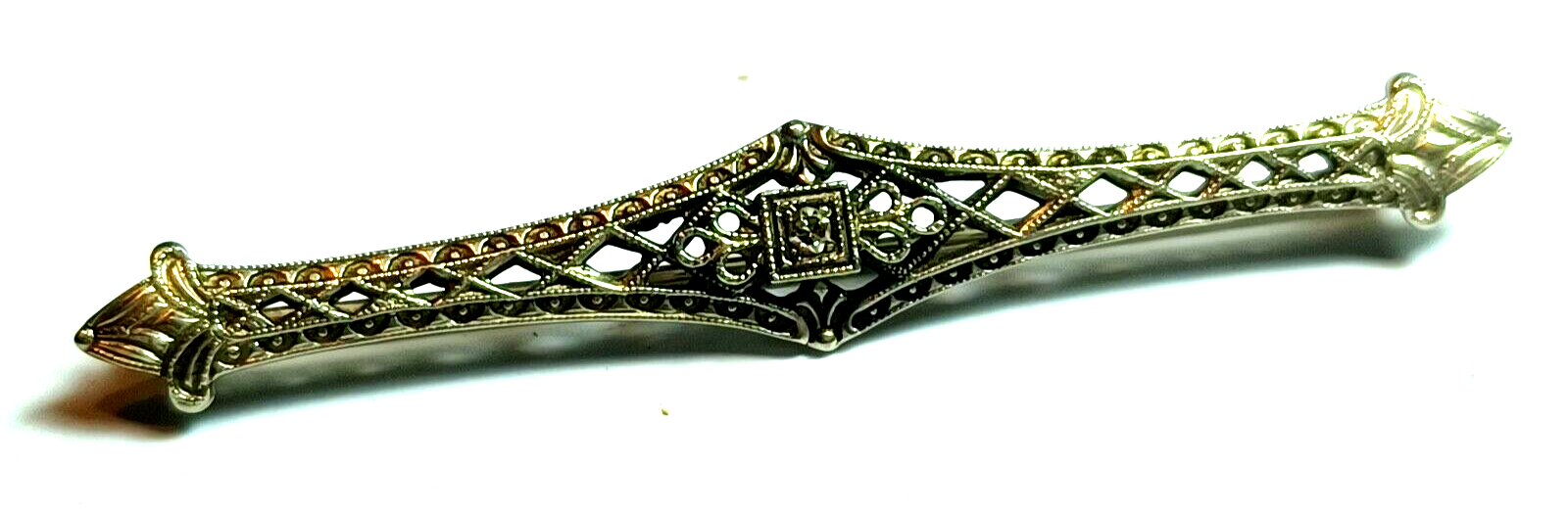 Antique Victorian Diamond Filigree 10K White Gold Bar Pin image 1