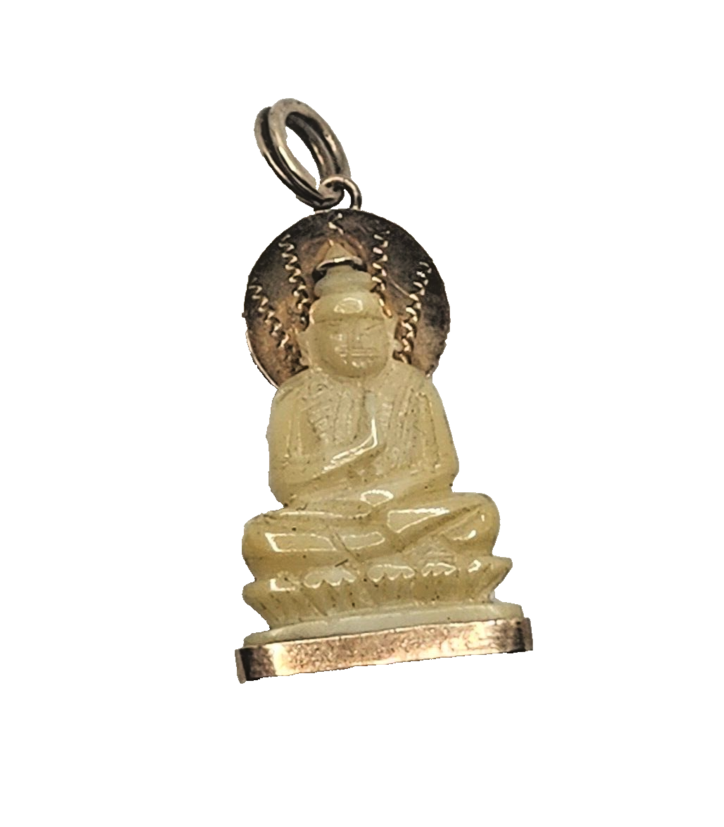 Rare Antique Carved White Jade Meditating Buddha 18k Yellow Gold Pendant image 0