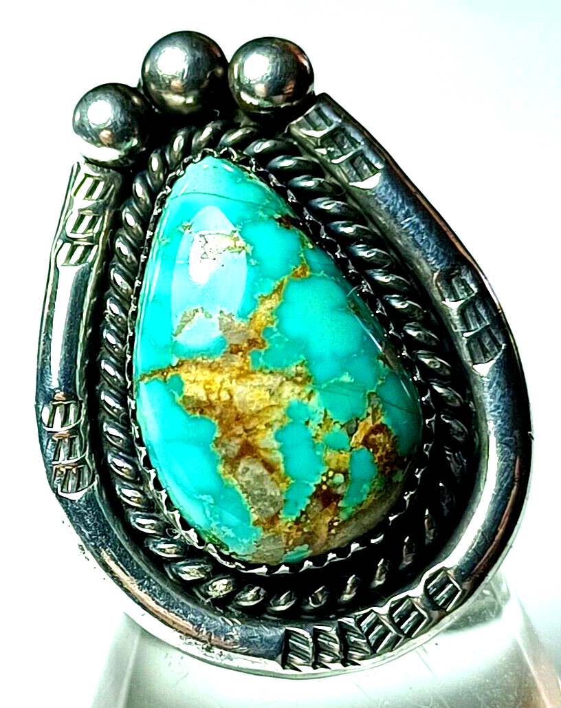 Vintage Native American Sterling Silver & Turquoise Teardrop Shaped Ring G Myers image 1