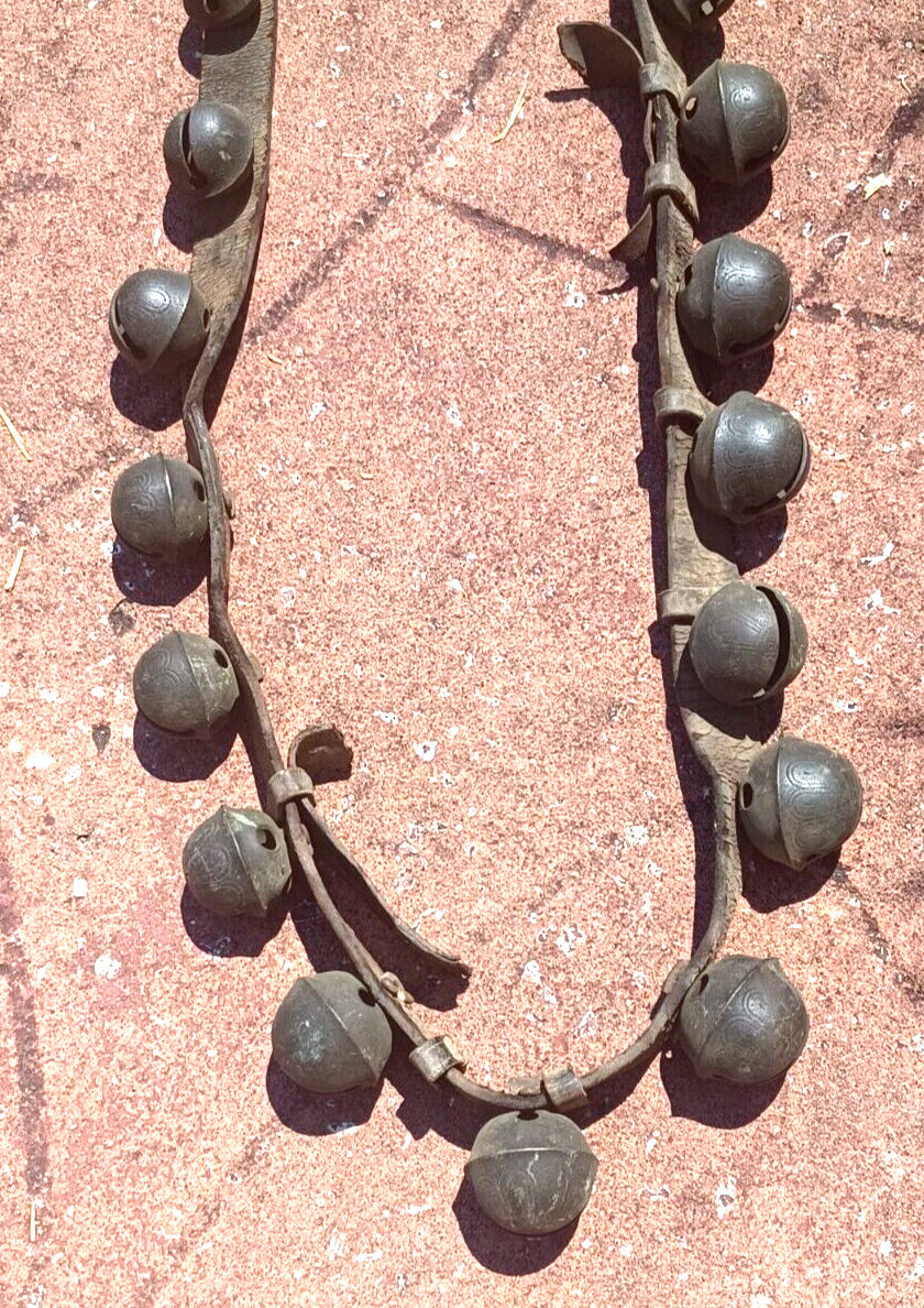 Antique Brass Engraved Sleigh Bells Numbered Original Strap 8Ft Long 24 Bells image 5