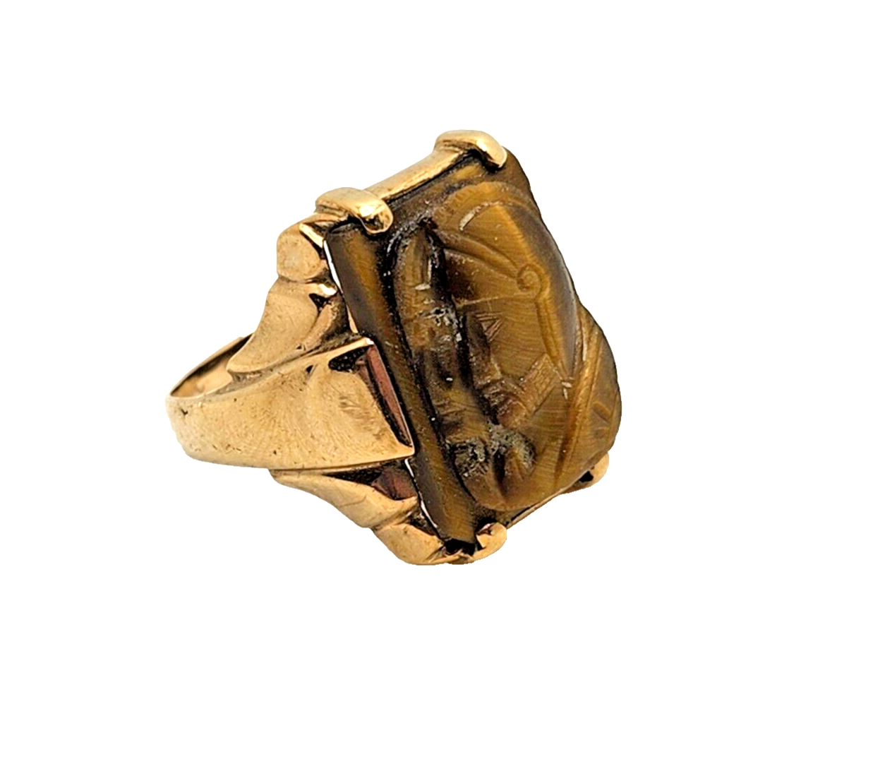 Men's Antique Carved Tigers Eye Intaglio 10K Yellow Gold Ring image 6