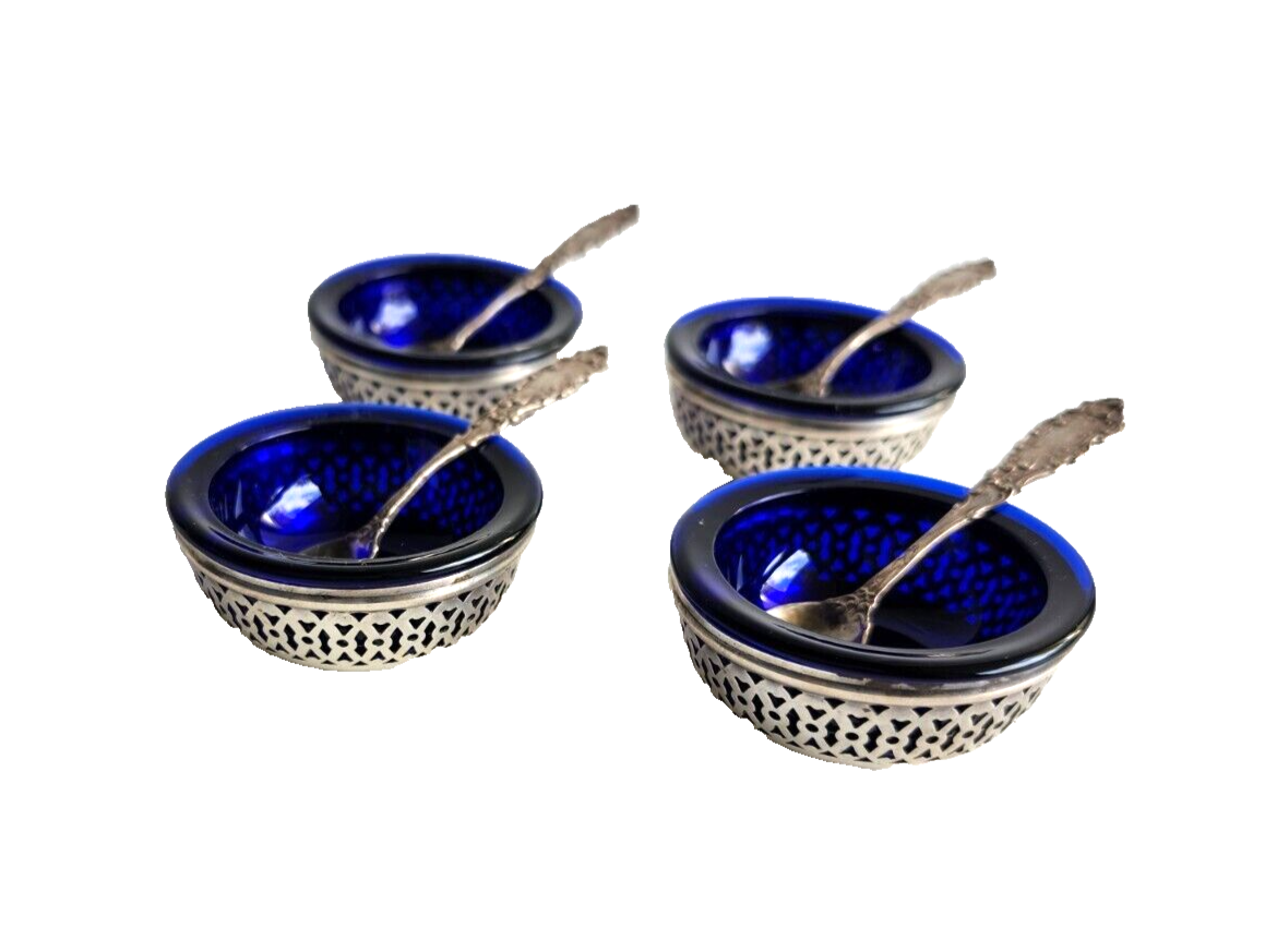 4 Antique Webster Sterling Silver & Cobalt Blue Open Salt Cellars w/ Spoons image 1