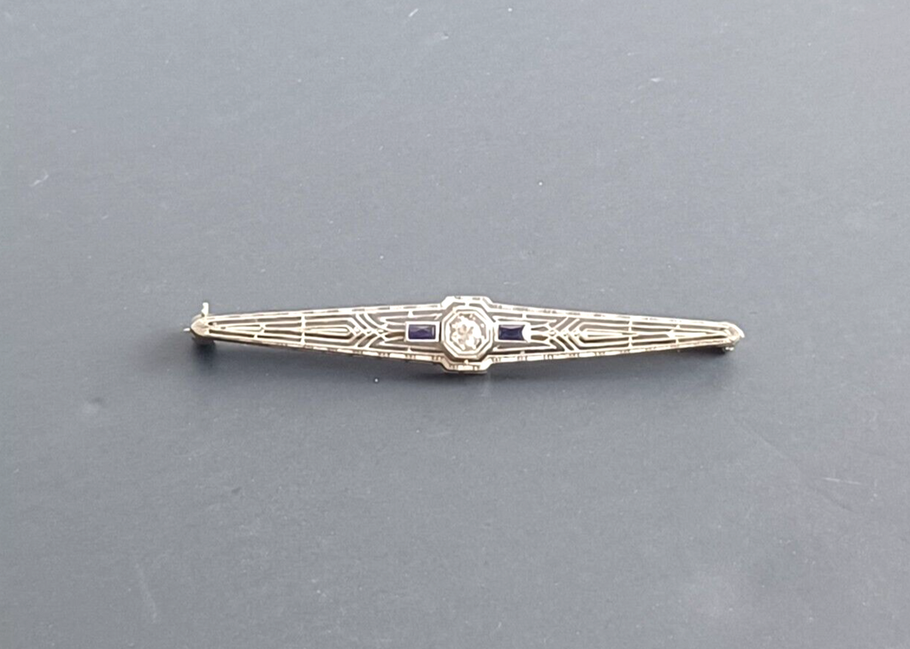 Antique Art Deco Diamond Sapphire & Platinum Bar Pin image 1