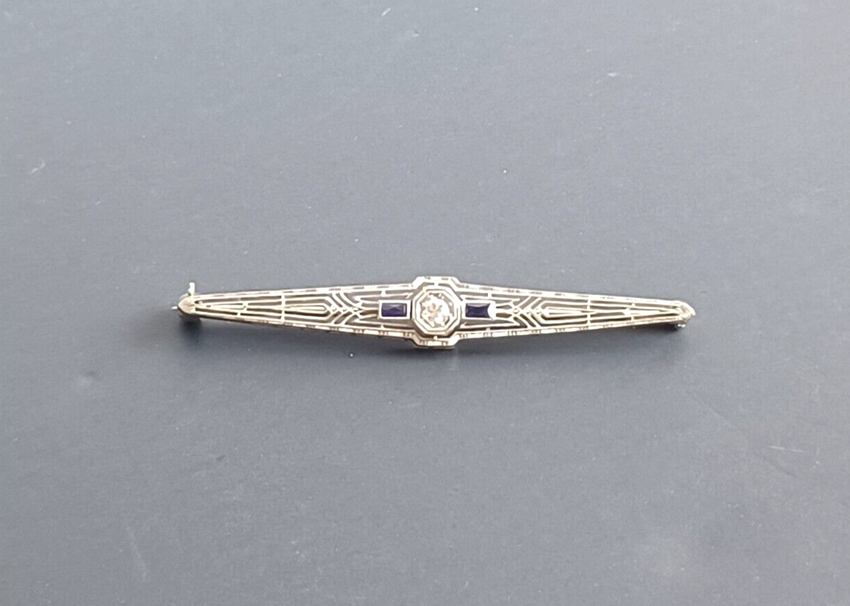 Antique Art Deco Diamond Sapphire & Platinum Bar Pin image 1