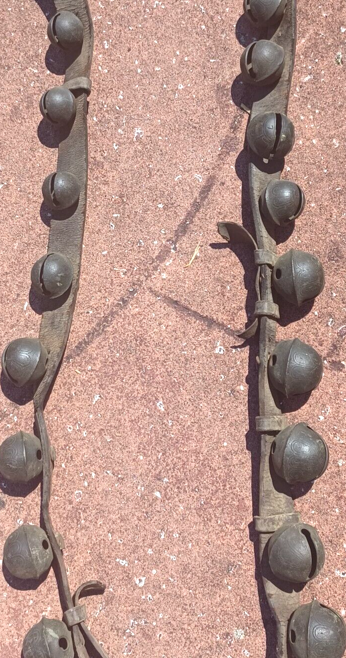 Antique Brass Engraved Sleigh Bells Numbered Original Strap 8Ft Long 24 Bells image 4
