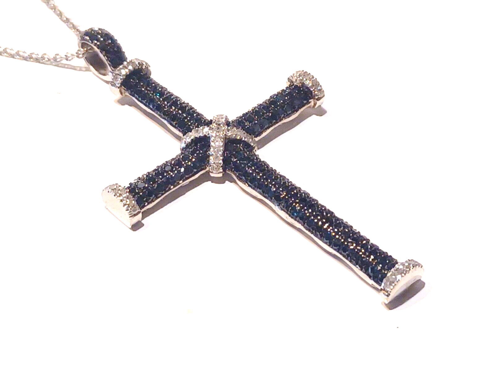 Round White & Black Diamond Cross Pendant w/ Sterling Silver Chain image 2