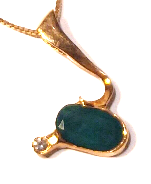 Estate Custom 1.65ctw Emerald & Diamond 14k Gold Pendant w/ Box Chain image 5