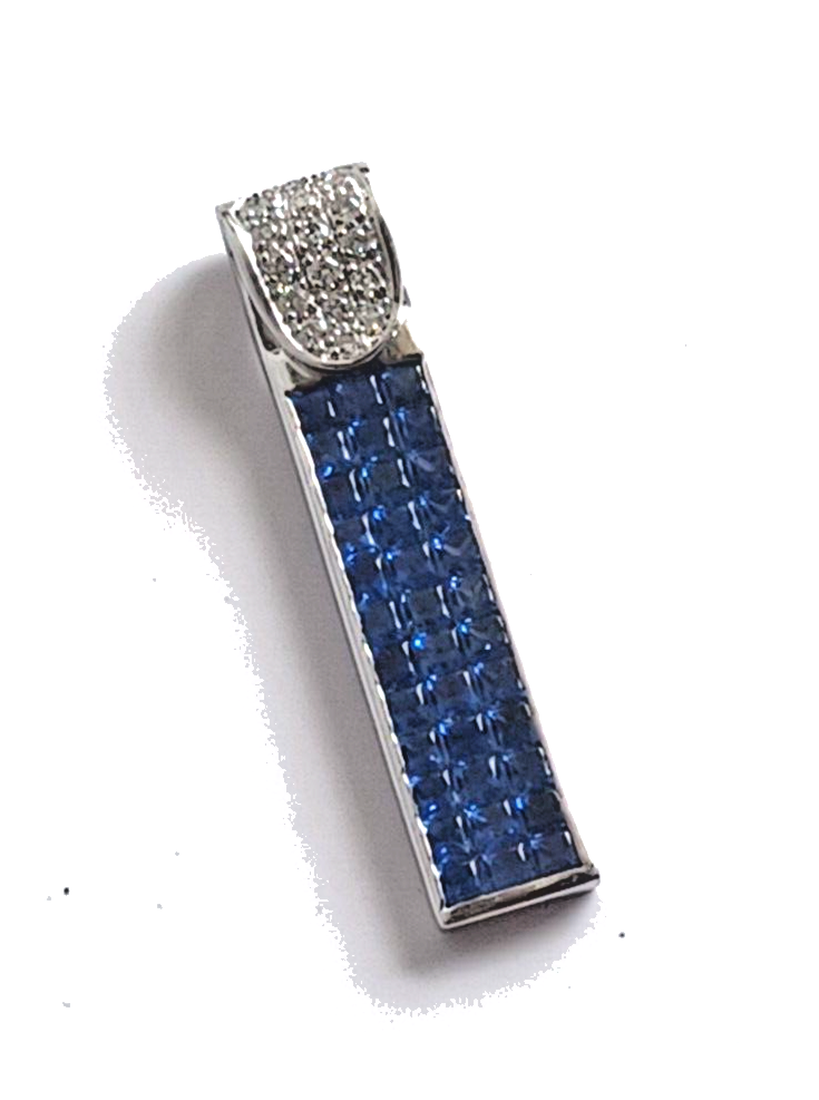 Estate 2.25 Ct Diamond & Ceylon Blue Sapphire 14K White Gold Bar Pendant image 3