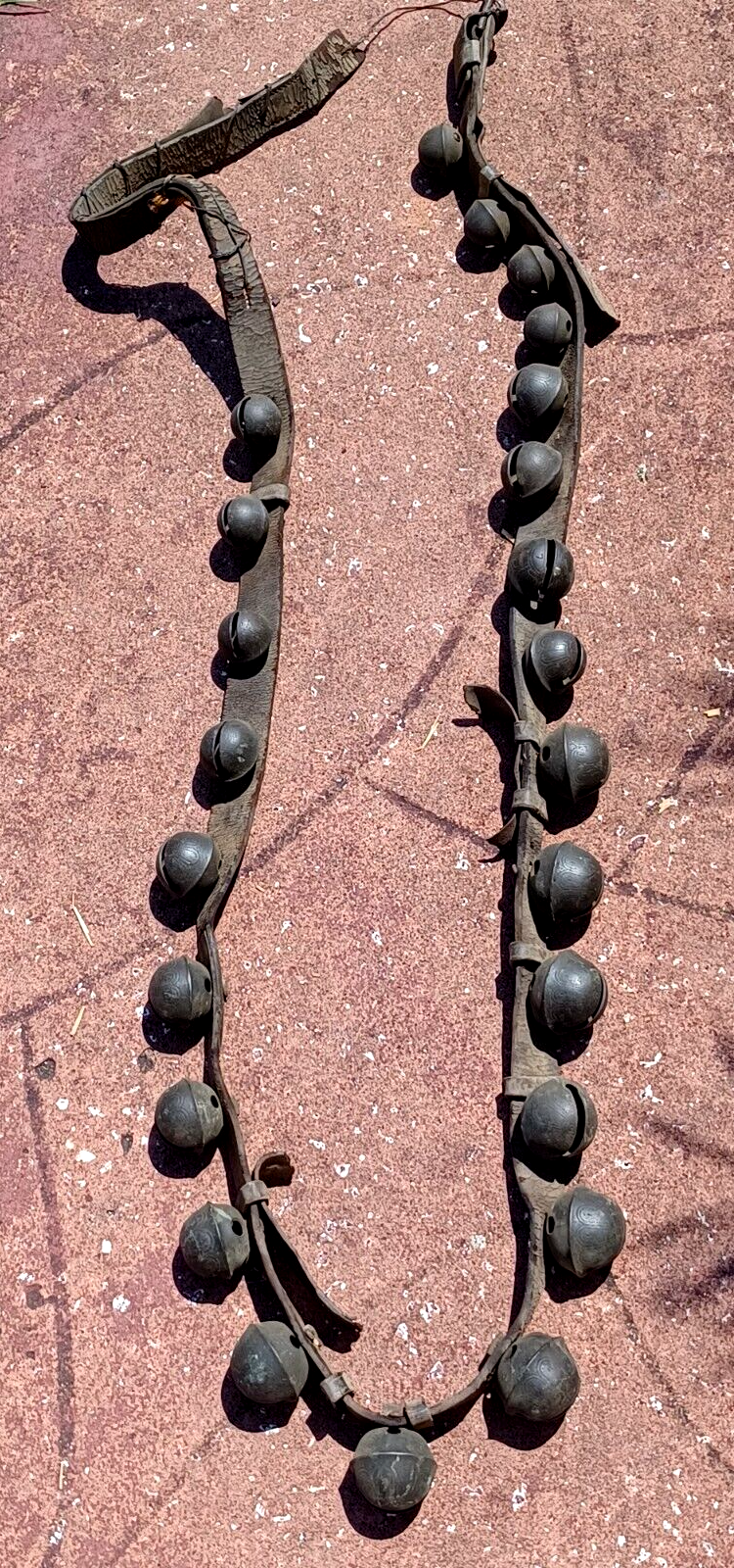 Antique Brass Engraved Sleigh Bells Numbered Original Strap 8Ft Long 24 Bells image 2