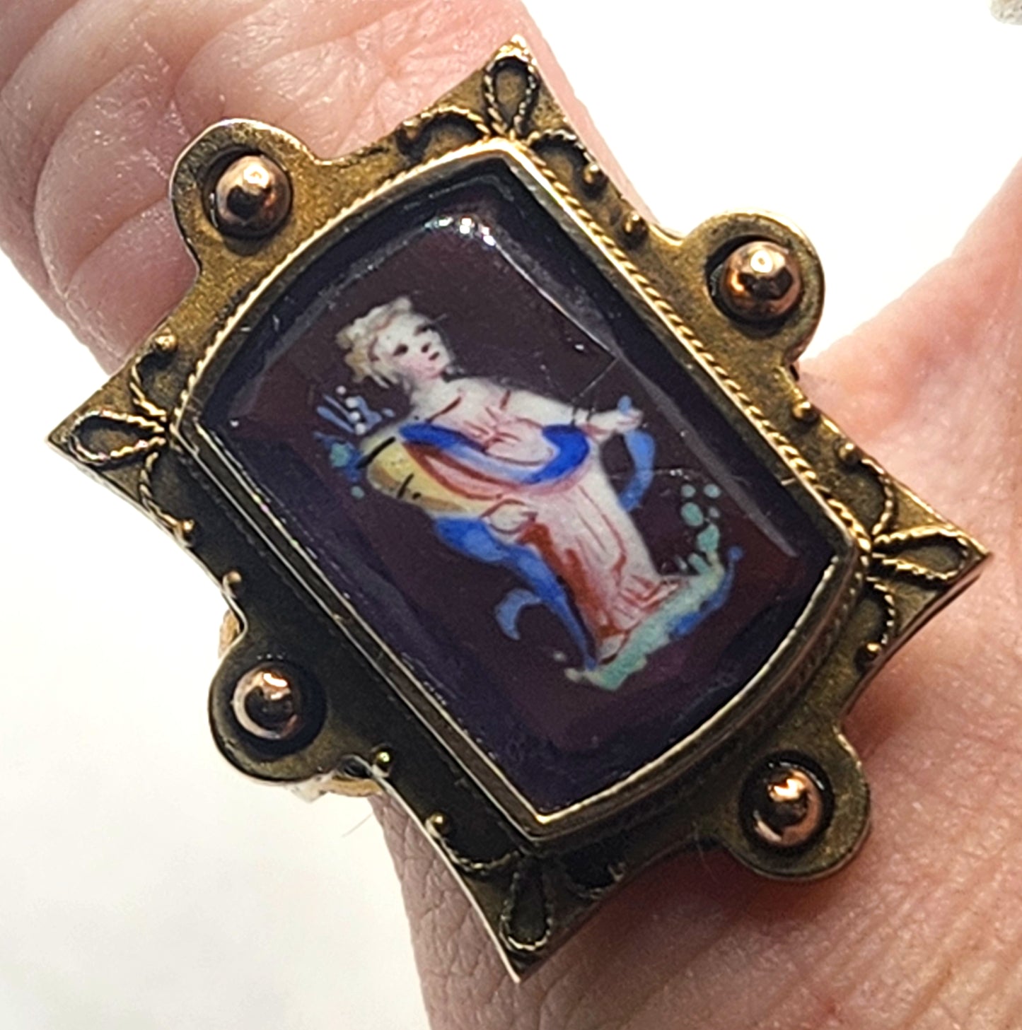 Antique Victorian Painted Portrait Cameo on Amethyst 14k Gold Ring image 3