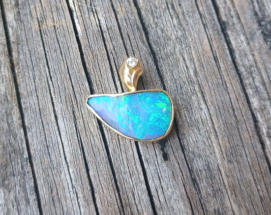 Natural Boulder Opal & Diamond 14K Yellow Gold Pendant image 0