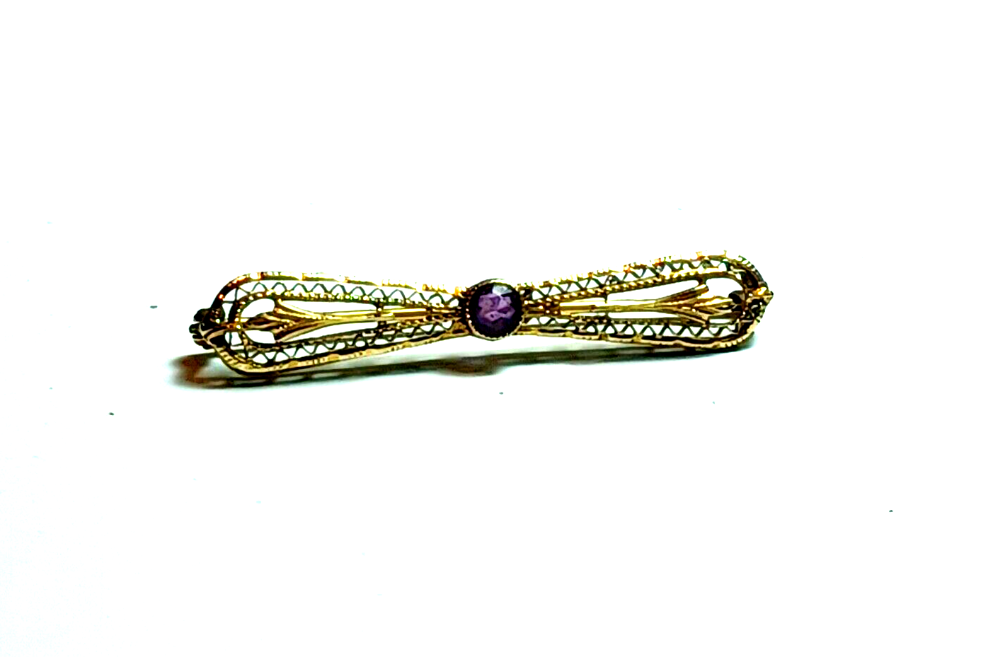Antique Victorian .25ct Amethyst Filigree 14K Yellow Gold Bar Pin image 0