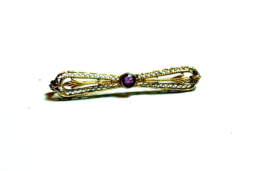 Antique Victorian .25ct Amethyst Filigree 14K Yellow Gold Bar Pin image 0