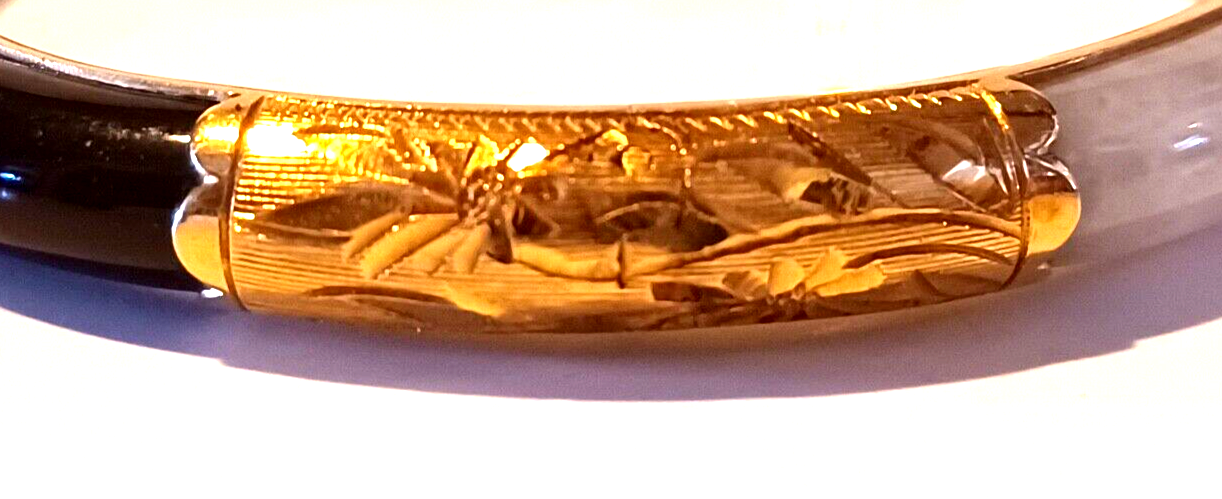 Antique 14K Yellow Gold Red, Green, White & Black Jade Bangle Bracelet image 8