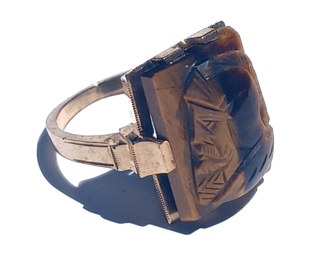 Vintage Men's Tigers Eye Roman Soldier Intaglio & 10K Gold Ring image 3