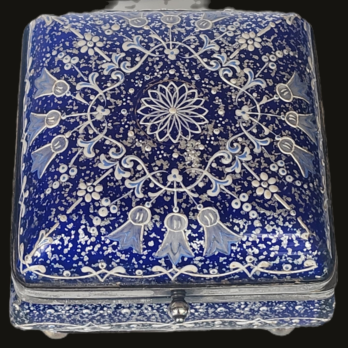 Rare Vasa Murrhina Sandwich Glass Meriden Silver Plate Blue Jewelry Box image 2