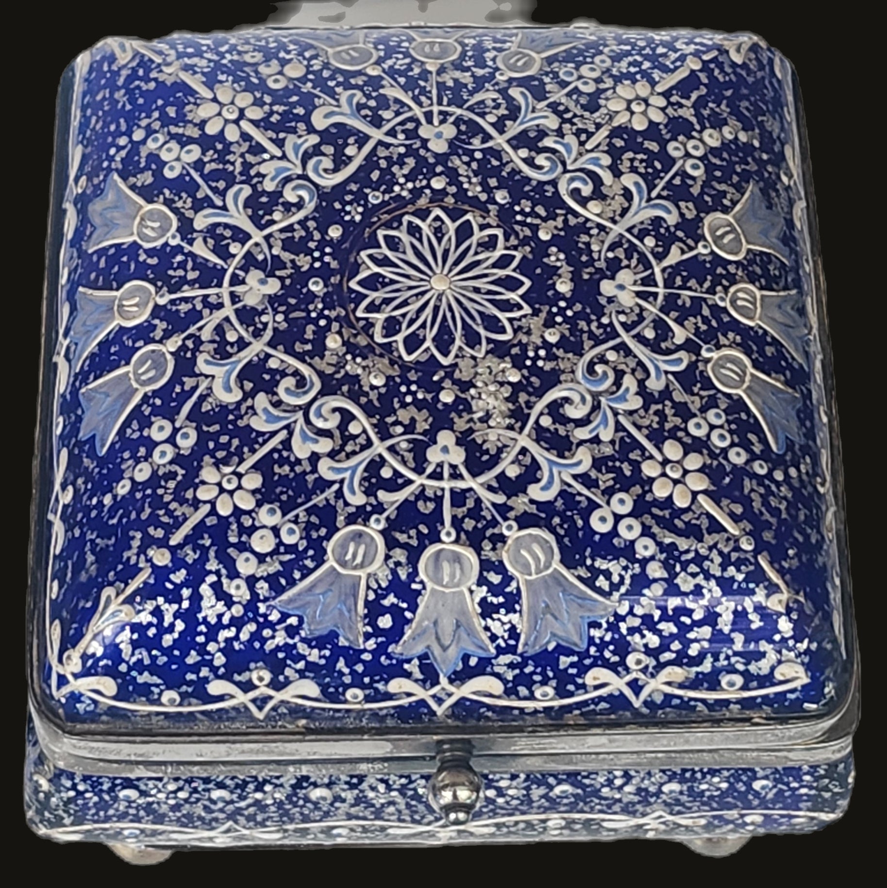 Rare Vasa Murrhina Sandwich Glass Meriden Silver Plate Blue Jewelry Box image 2