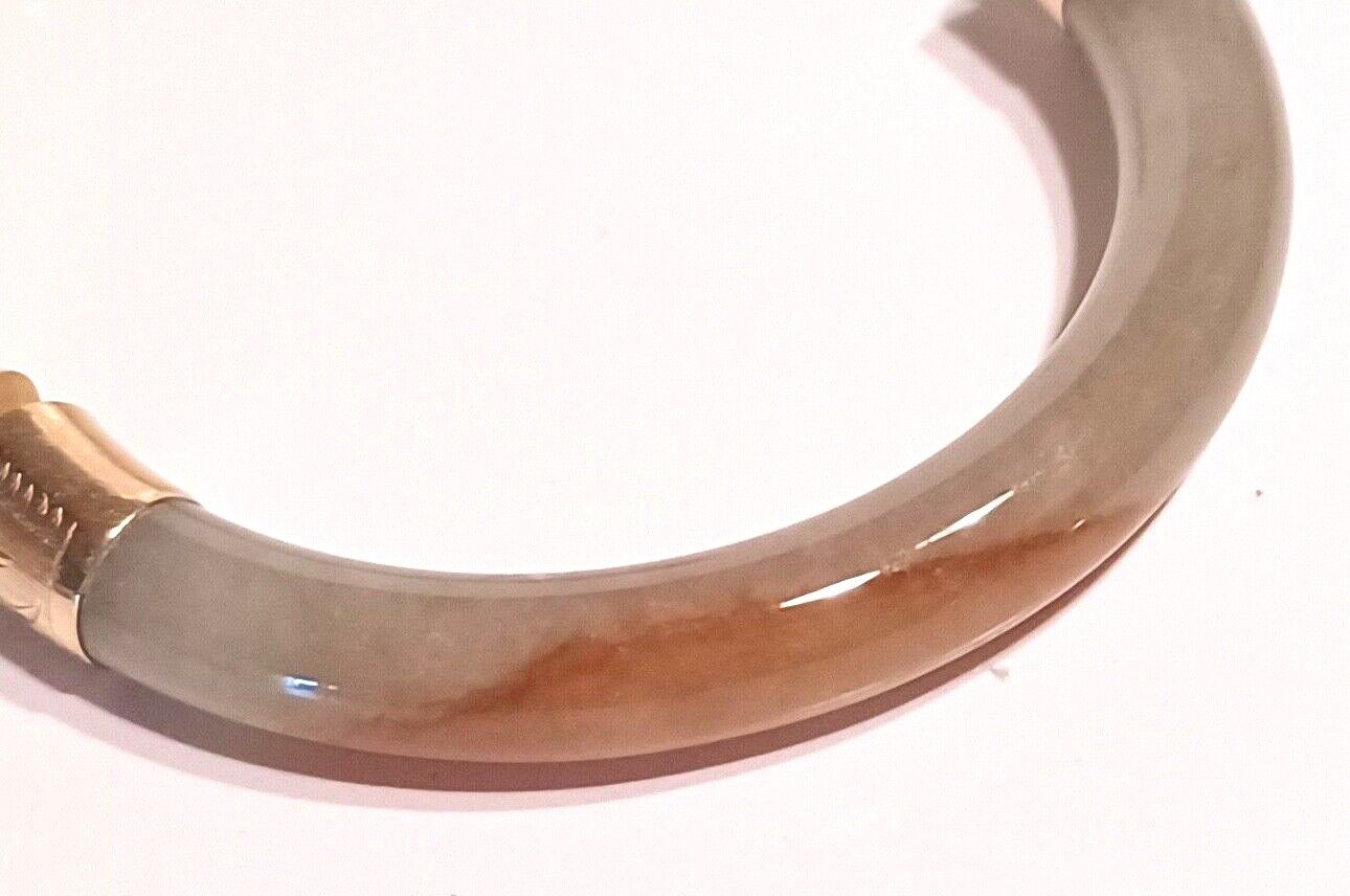 Antique 14K Gold Bi Color Green &amp; Brown Jade Hinged Bangle Bracelet image 2