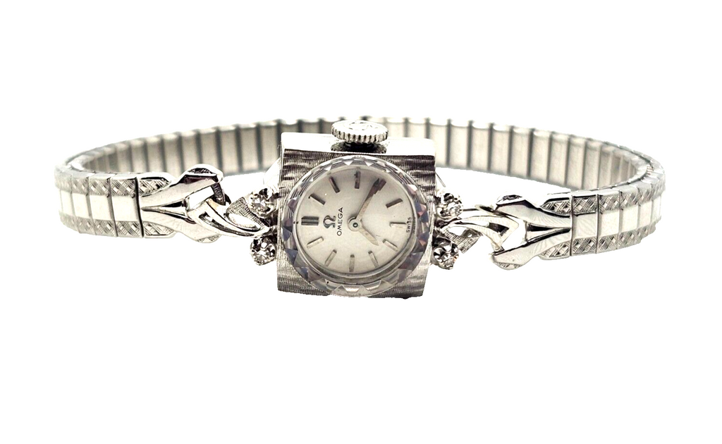 Vintage Ladies Omega 14k White Gold & Diamonds Wrist Watch image 0