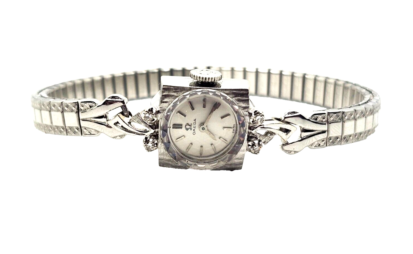 Vintage Ladies Omega 14k White Gold & Diamonds Wrist Watch image 0