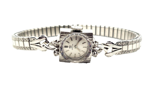 Vintage Ladies Omega 14k White Gold & Diamonds Wrist Watch image 0